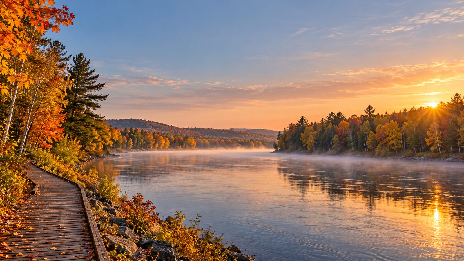 An autumn river at sunrise with a wooden boardwalk and colorful trees along the bank